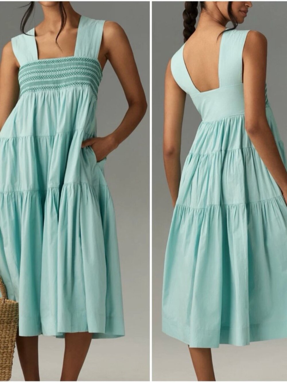 ANTHROPOLOGIE SQUARE-NECK SMOCKED TIERED MIDI DRESS Size L